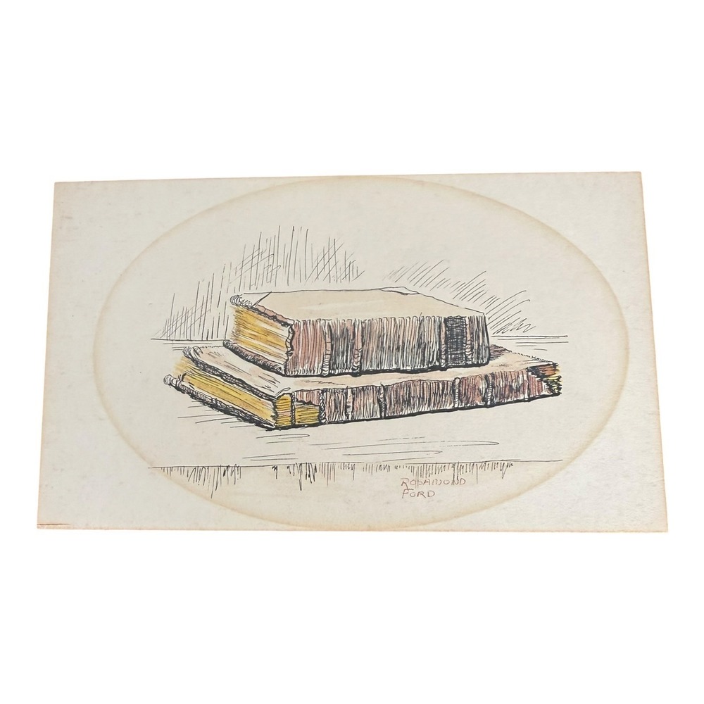 Original Ink Watercolor Art Antique Books Drawing 6.75x4 Rosamond Ford
